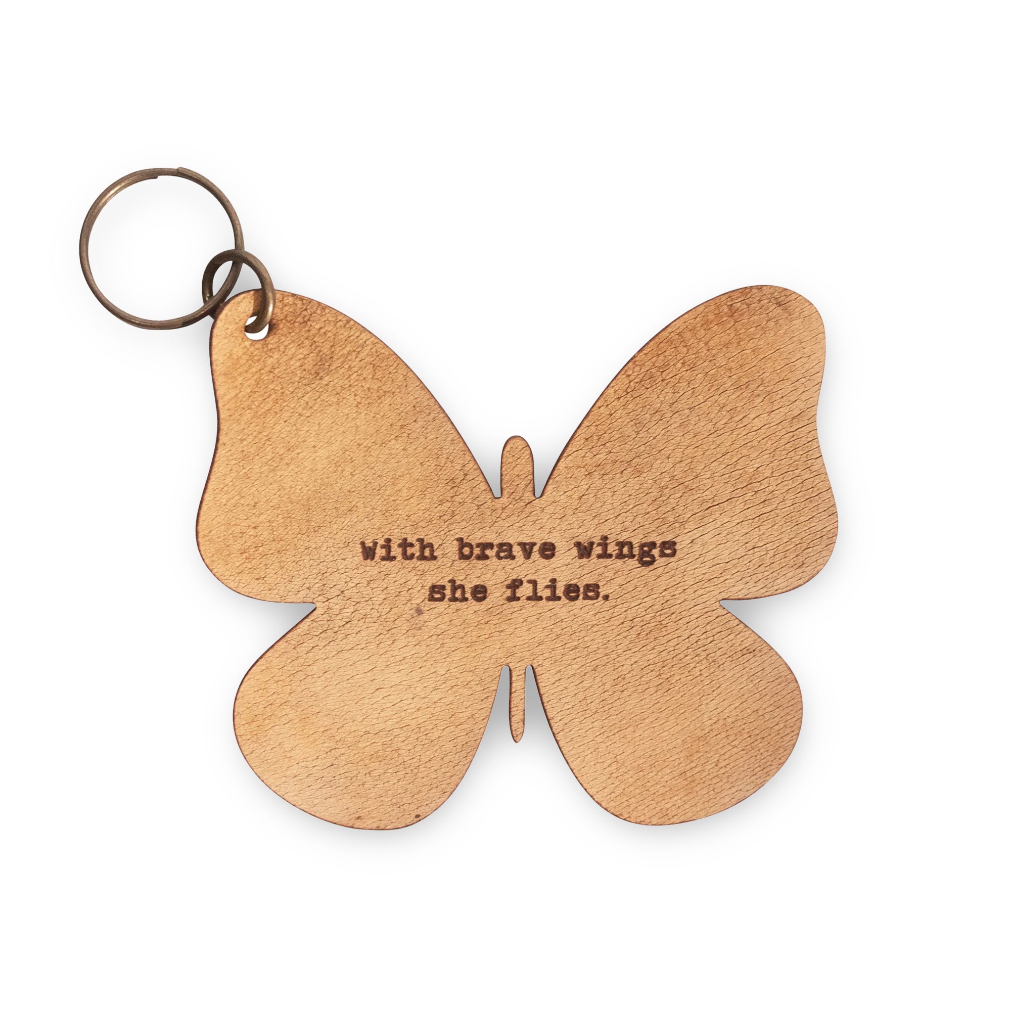 With brave wings she flies Leather Butterfly Keychain 3"x3"
