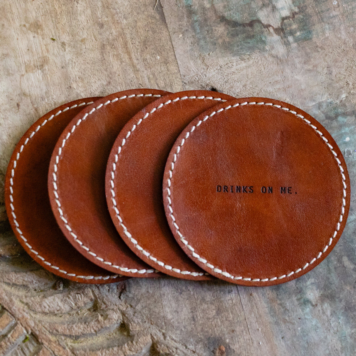 Drinks On Me Leather Coaster in Auburn - Set of 4