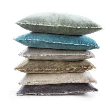 Indigo Velvet Pillow With Poms 22x22