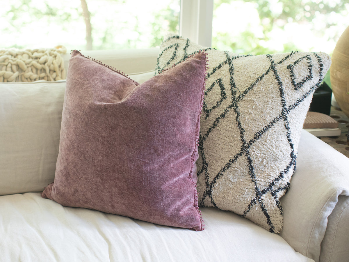 Blush Velvet Pillow With Poms 22x22