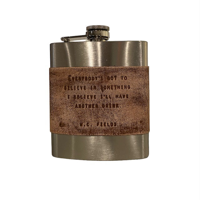 ****W.C. Fields Brown Leather Metal Flask