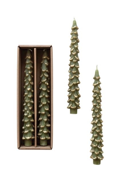S/2 Tree Taper Candles w/ Gold, Evergreen