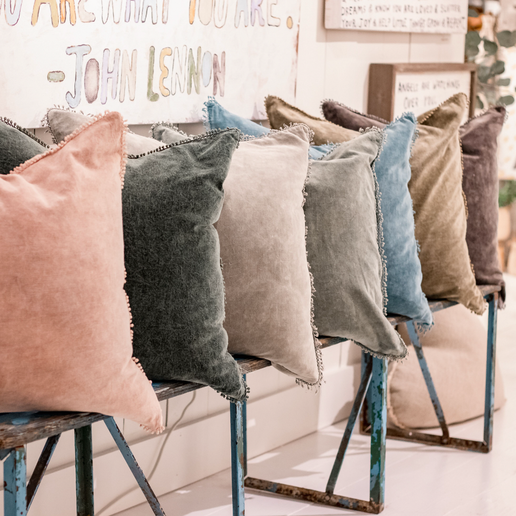 ***Ash Velvet Pillow With Poms 22x22