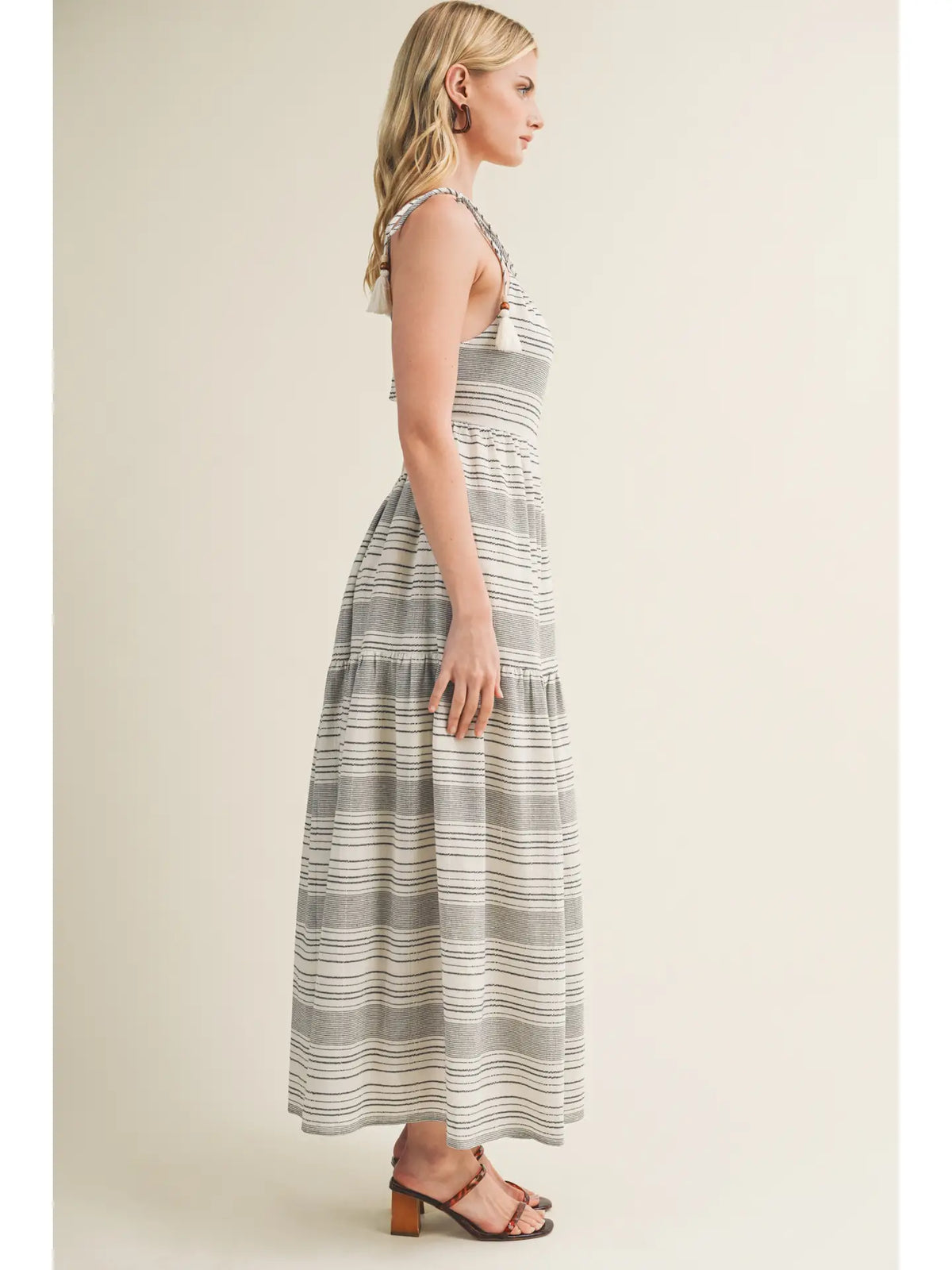 Striped Dress w Tassel and Bead Detail, Black