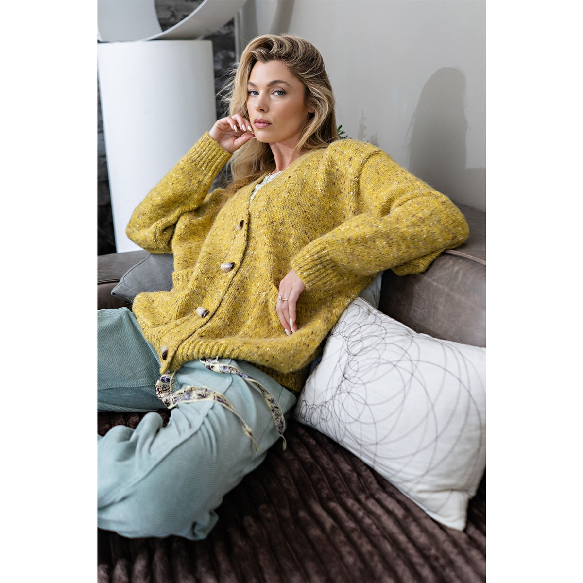 Chunky Textured Marled Sweater in Mustard