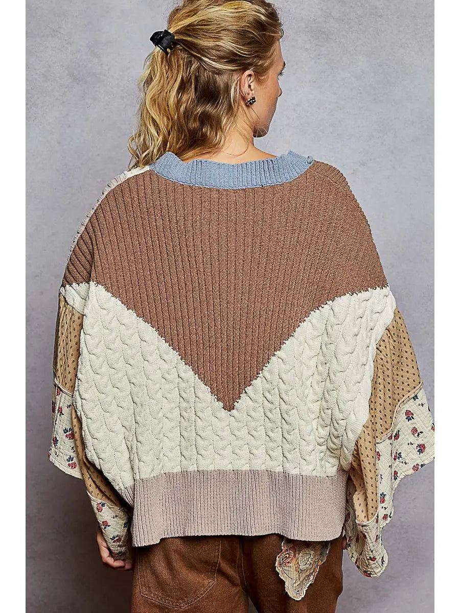 V Neck Gauze Floral Chenille Sweater Cardigan, Choco