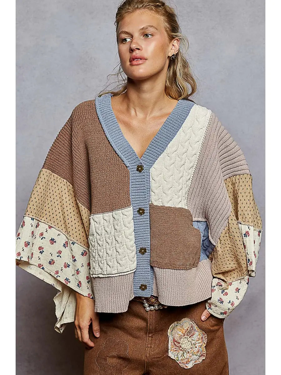 V Neck Gauze Floral Chenille Sweater Cardigan, Choco