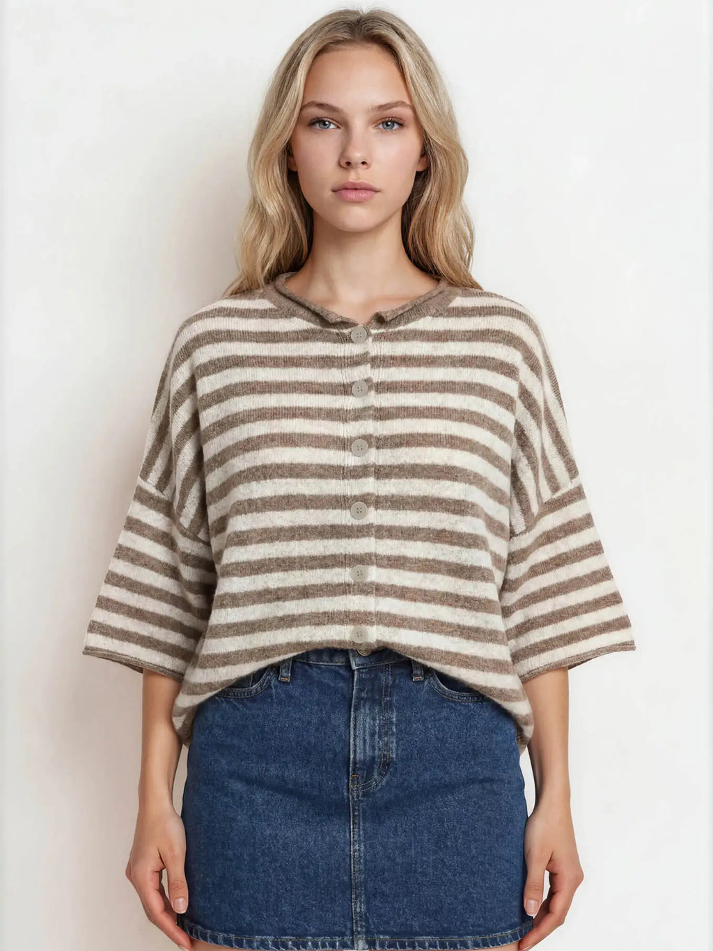 Striped Button Down Cardigan with Raw Edge