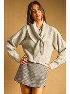 Button Front Sweater Jacket with Tied Collar in Oatmeal