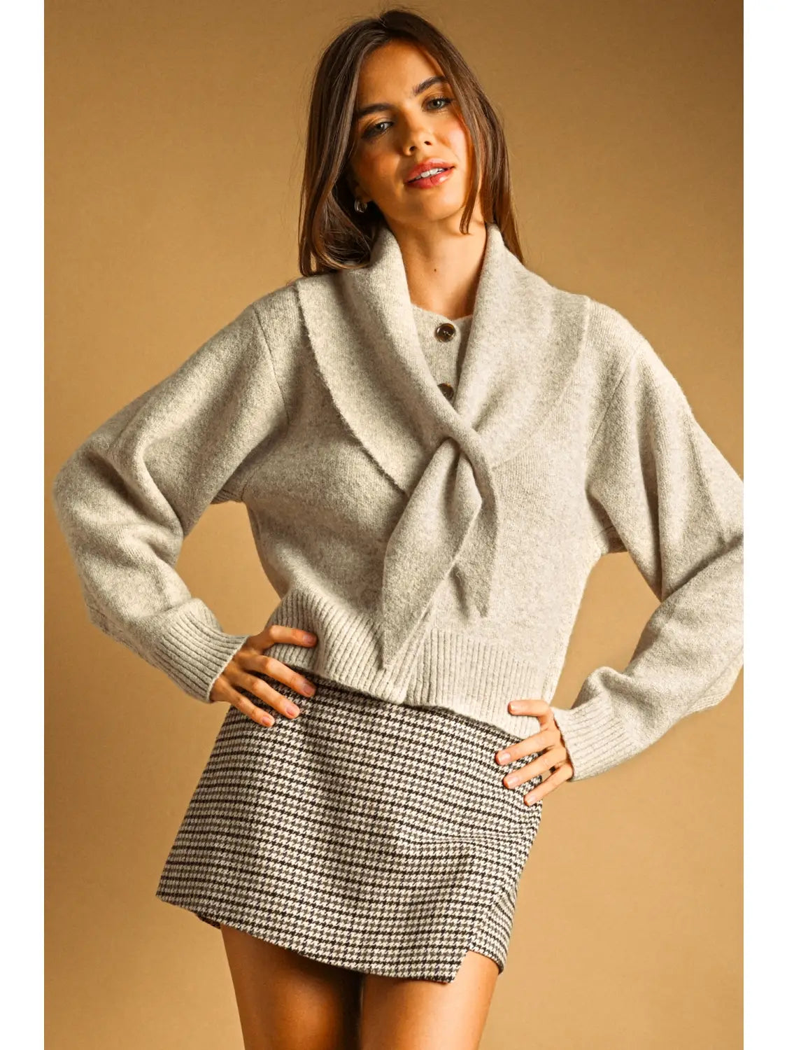Button Front Sweater Jacket with Tied Collar in Oatmeal