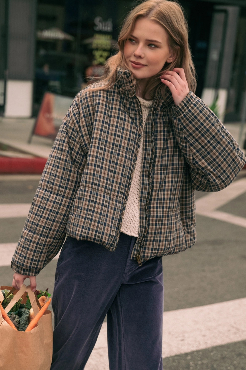 Plaid High-Neck Cropped Puffer Jacket