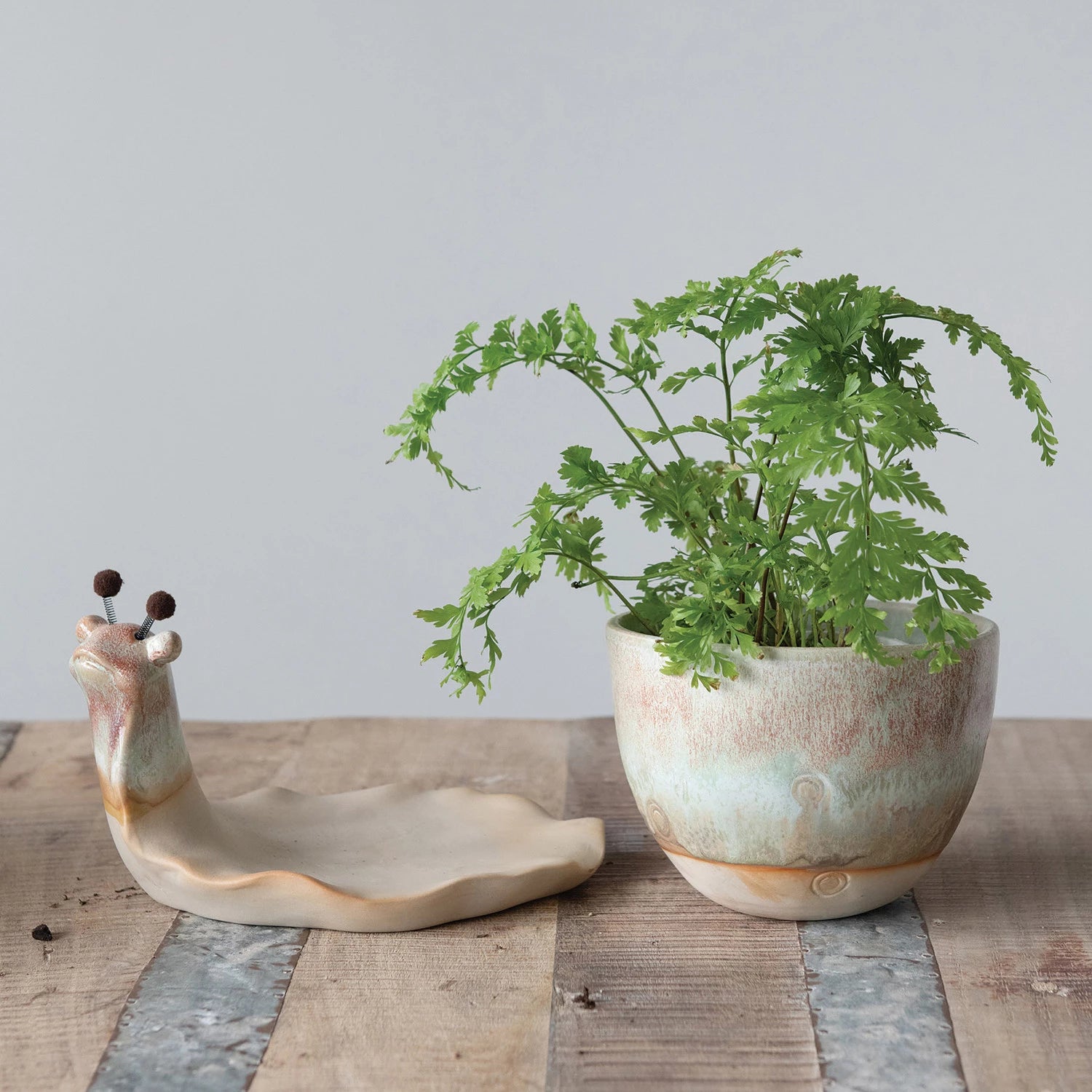 Stoneware Snail Planter with Glaze, Set of 2