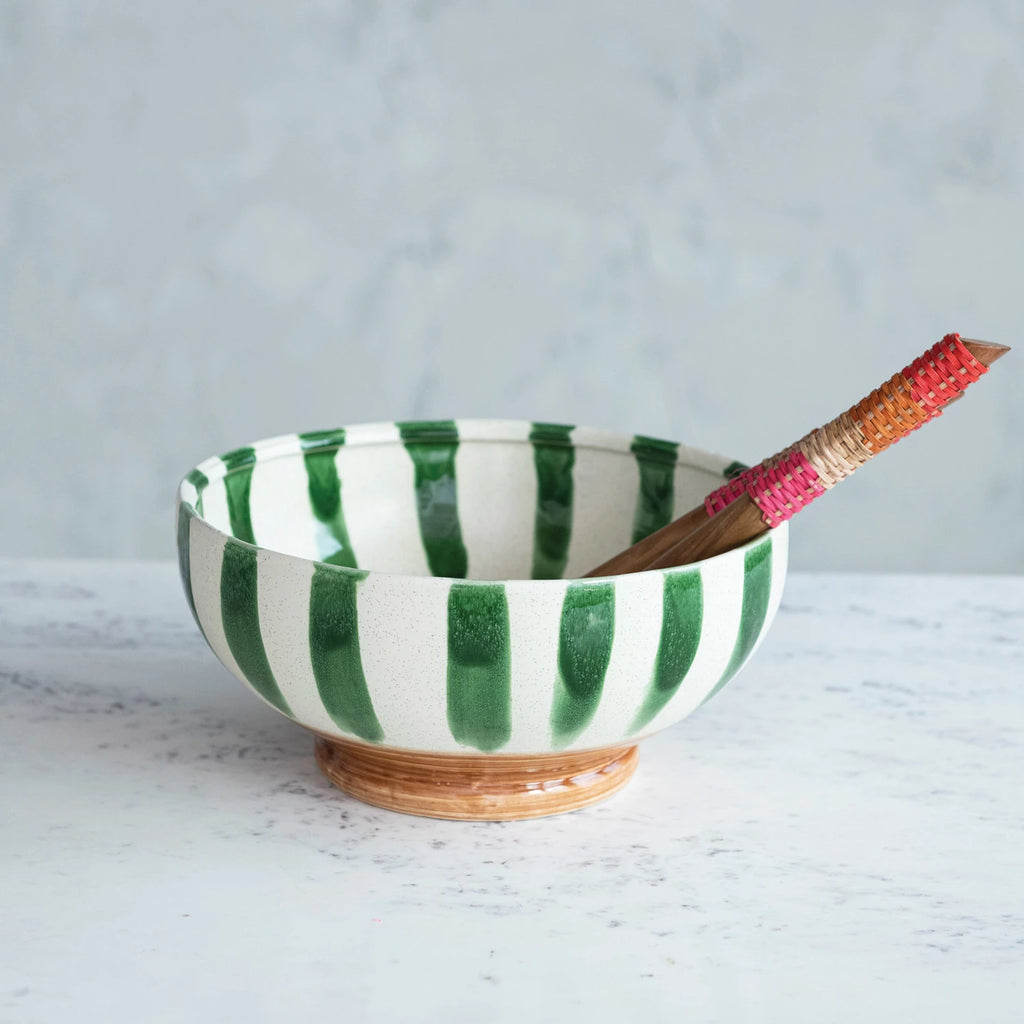 Hand-Painted Stoneware Footed Bowl with Stripes