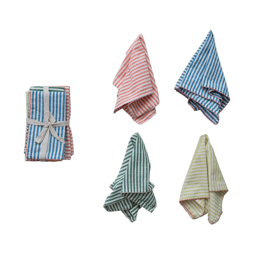 Cotton Striped Napkins w Stitched Colored Trim, S/ 4