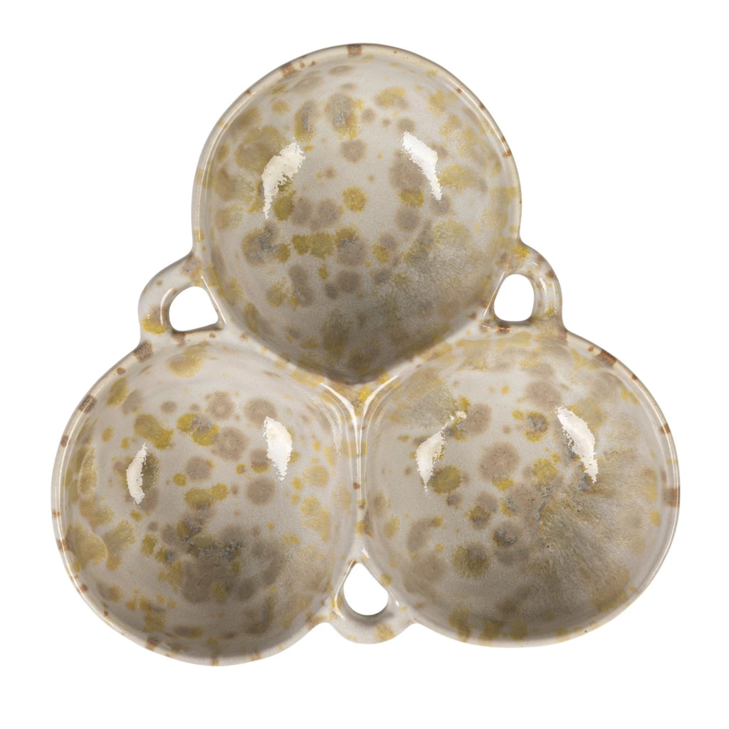 Stoneware Multi Bowl w/  3 Sections, Cream  and Green