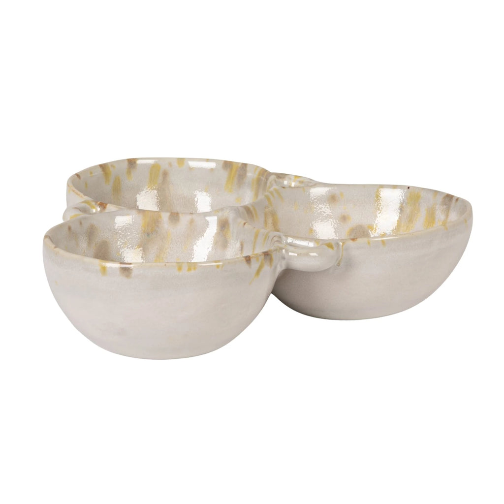 Stoneware Multi Bowl w/  3 Sections, Cream  and Green