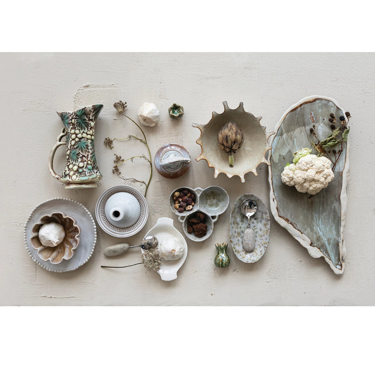 Stoneware Multi Bowl w/  3 Sections, Cream  and Green