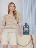 Stripe Raw Edge Detail Contrast Trim Sweater, Khaki