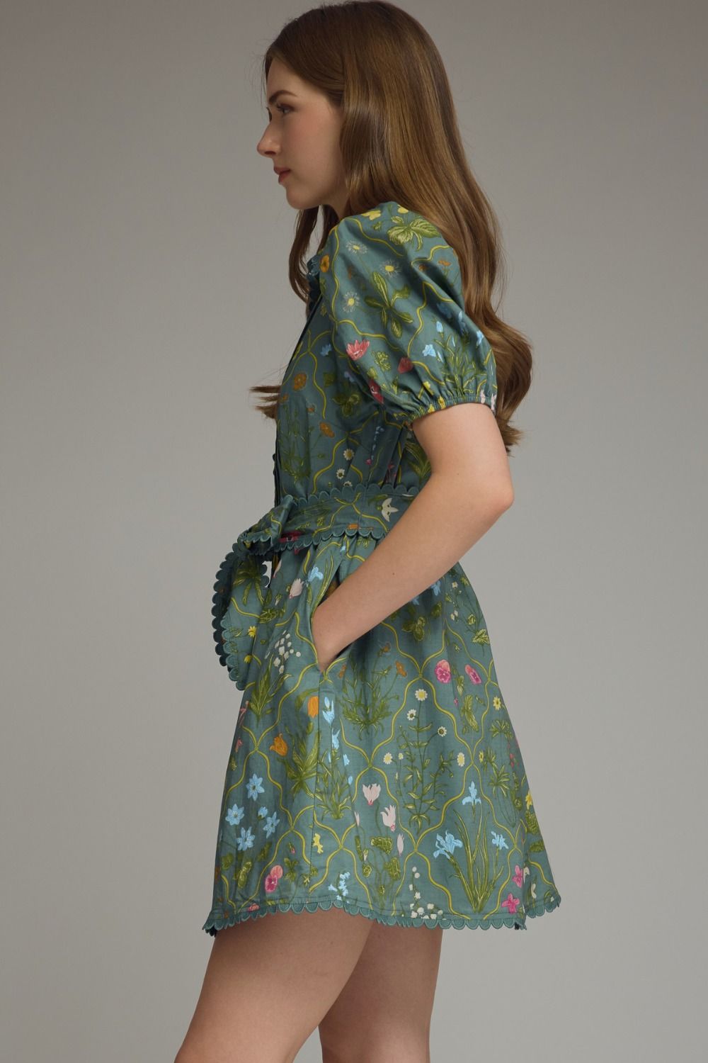 Floral Print Puff Sleeve Mini Dress with Scallop Trim