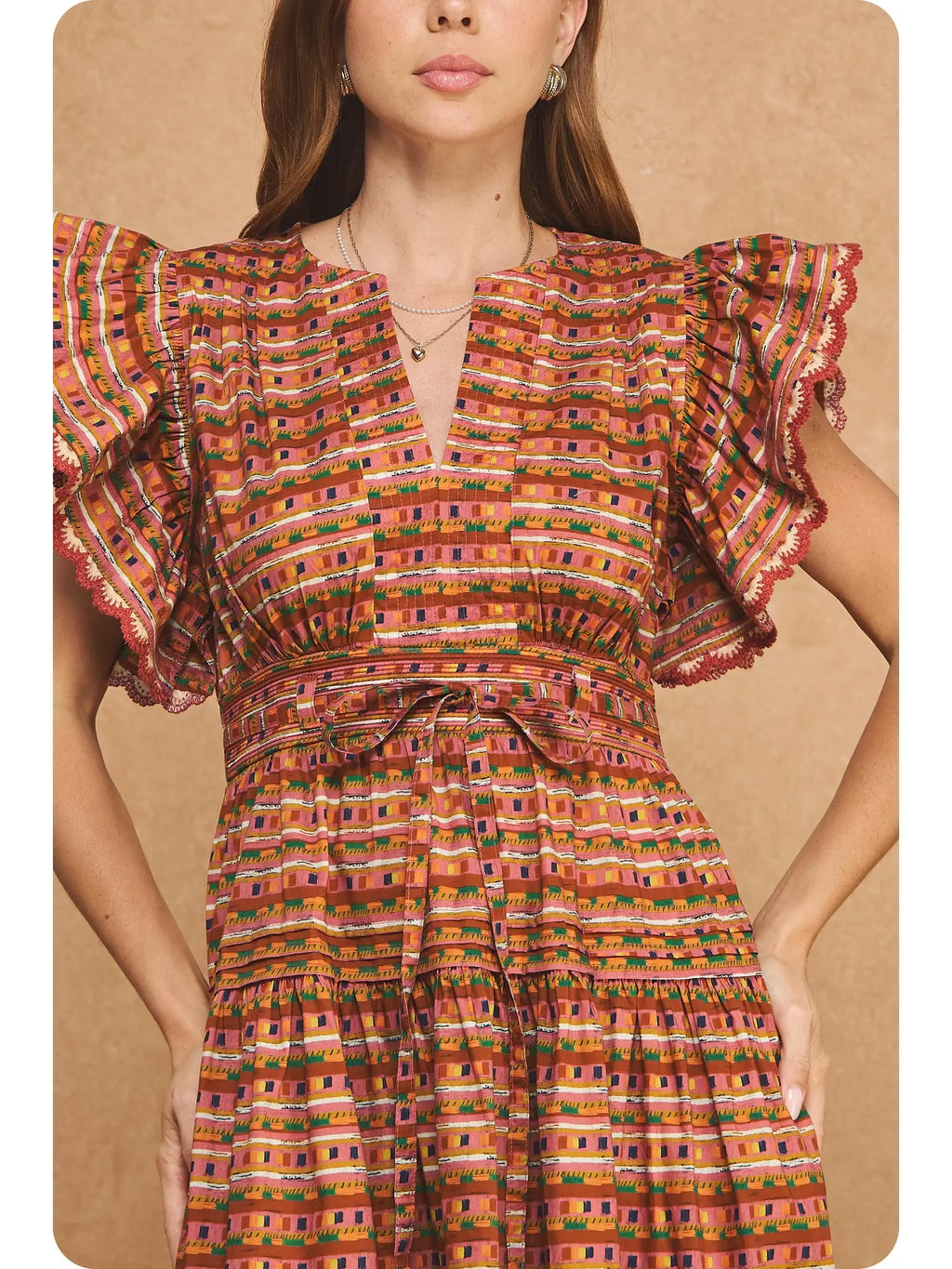 Flutter Sleeve Peplum Printed Midi Dress