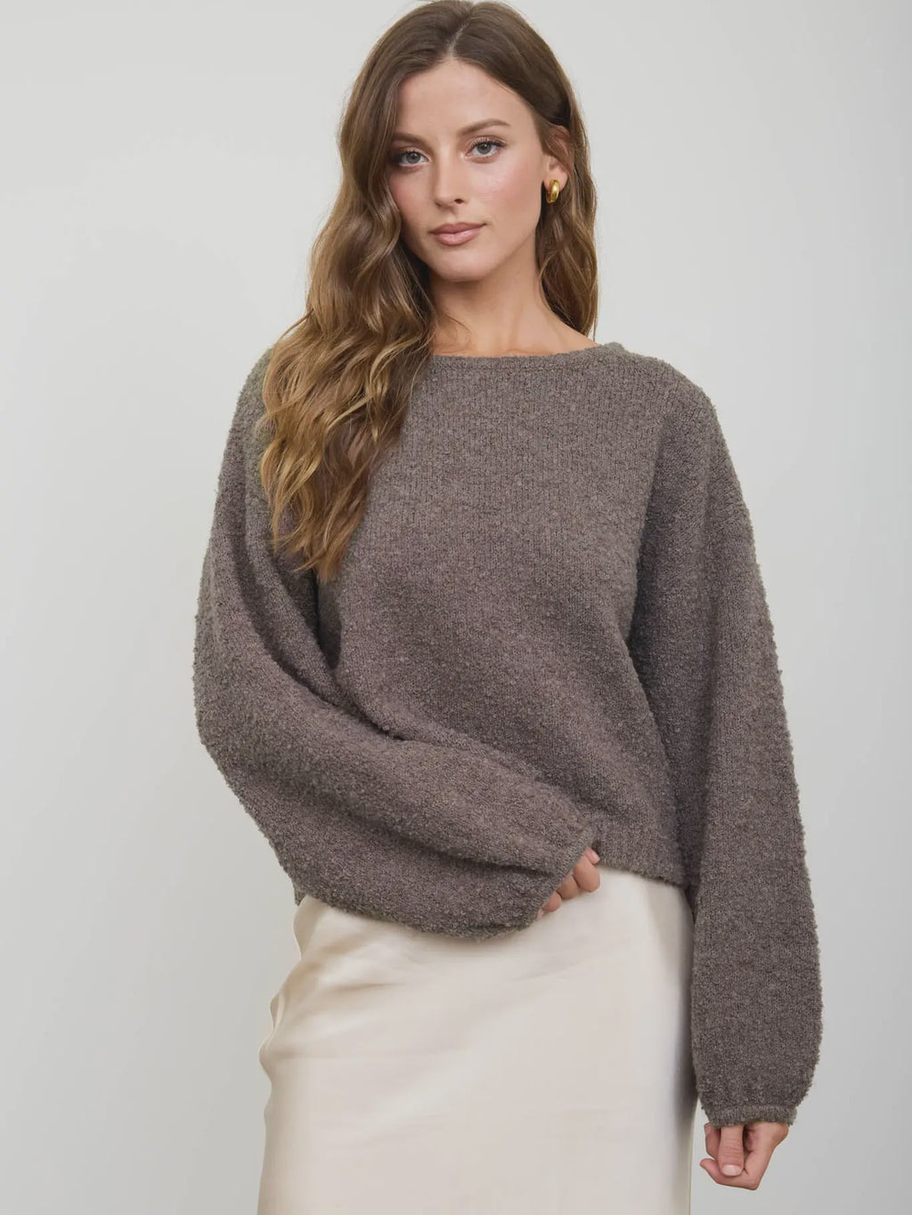 Long Sleeve Fuzzy Knit Sweater - Mocha