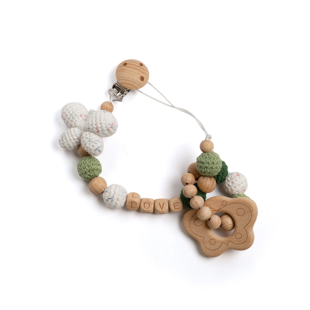 "Love" Butterfly Crochet Paci Clip & Teething Ring Duo