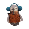 Boy penguin with teal earmuffs, plaid scarf & boucle brown sweater - Huddle of penguins