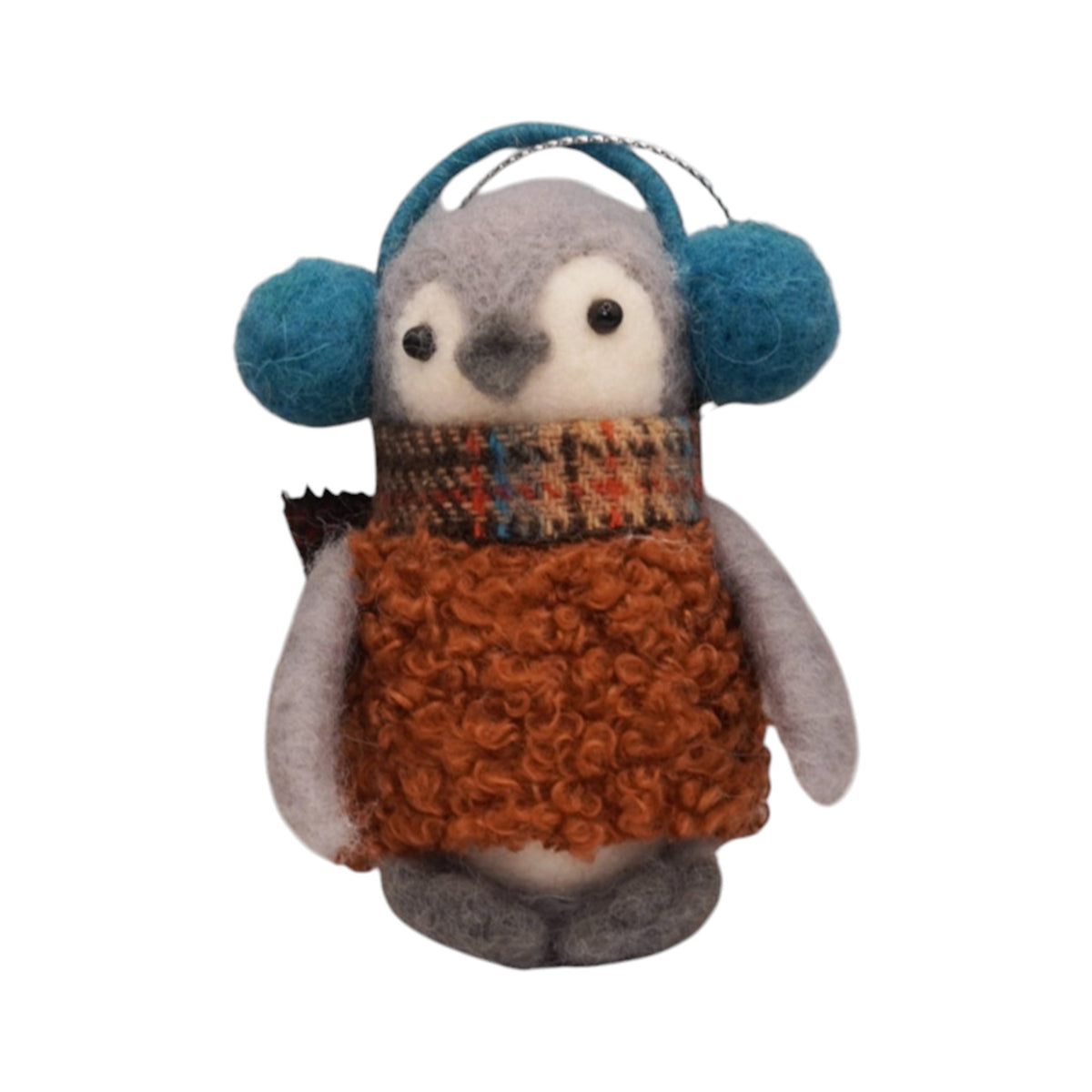 Boy penguin with teal earmuffs, plaid scarf & boucle brown sweater - Huddle of penguins