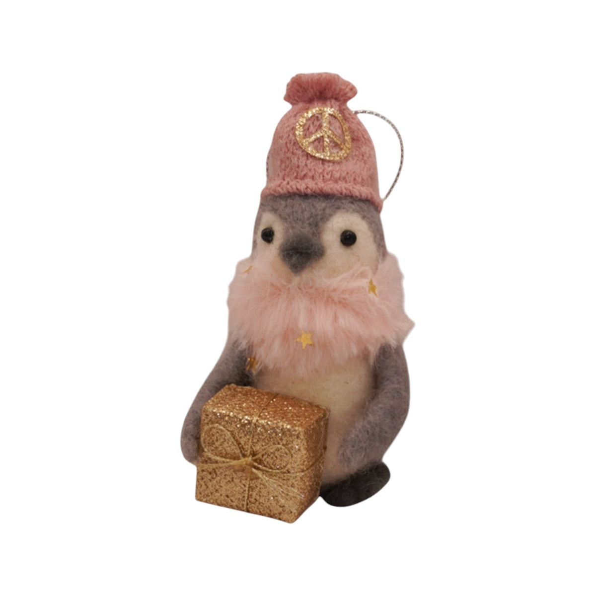 Girl penguin with peace sign beanie, pink scarf & present - Huddle of Penguins