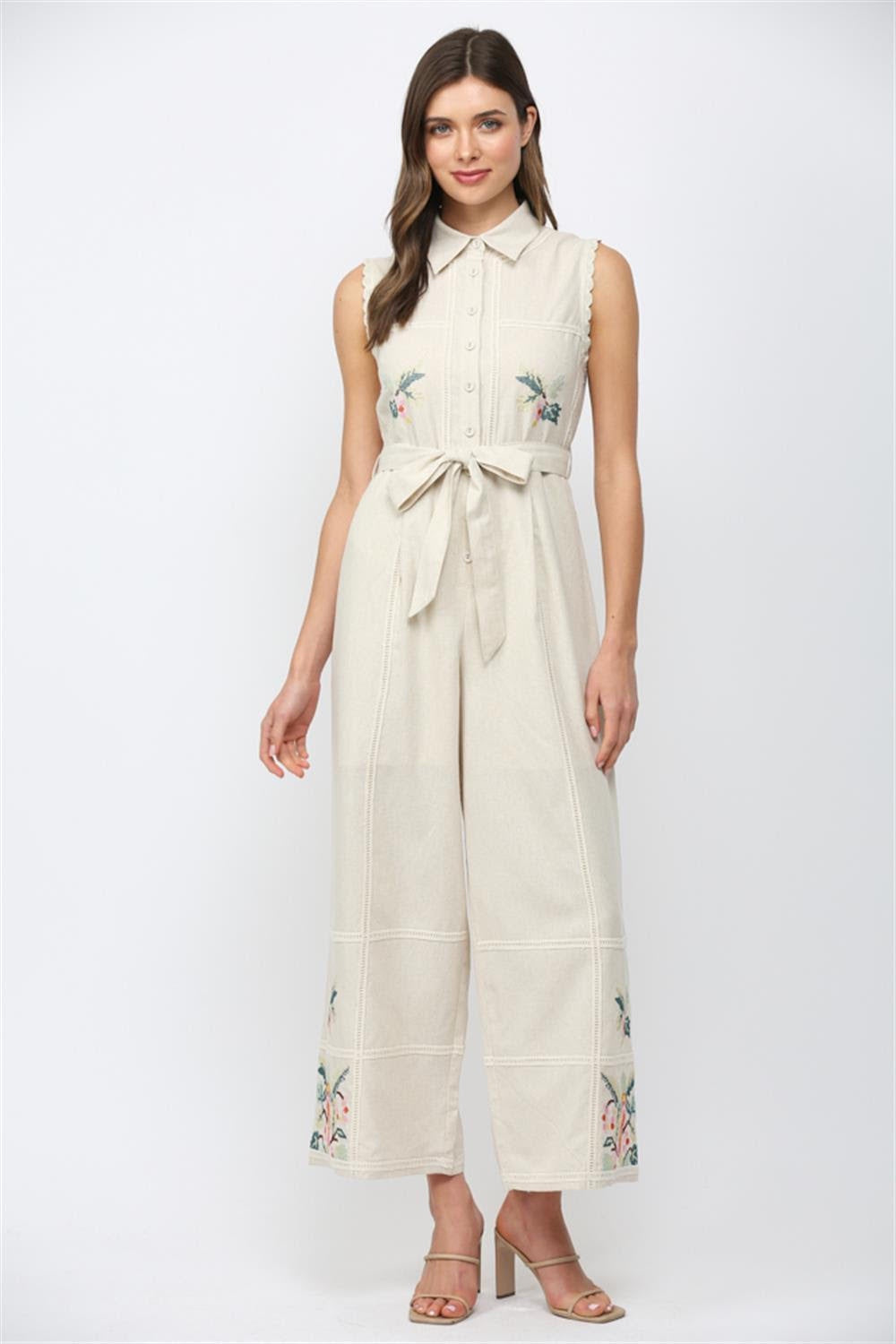 Floral Embroidered Waist Tie Jumpsuit