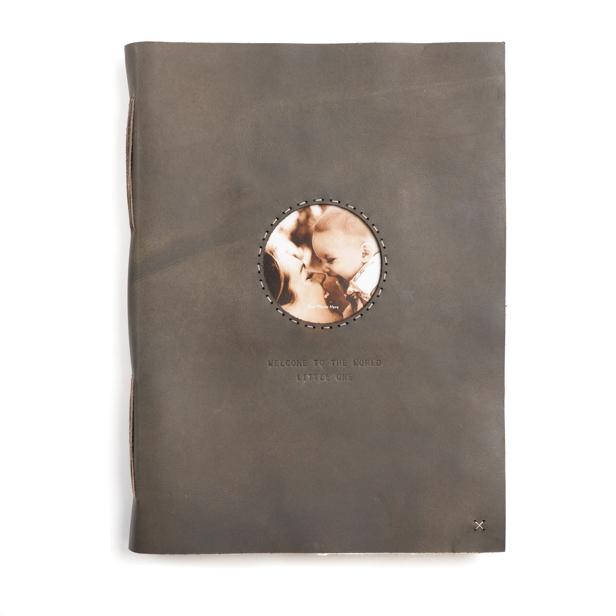 ***Welcome To The World Leather Photo Keeper 10x14 - Grey
