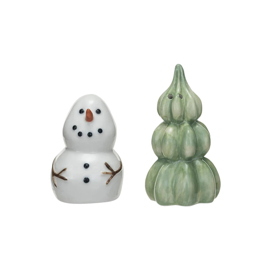 Stoneware Snowman & Tree Salt & Pepper Shakers, S/ 2
