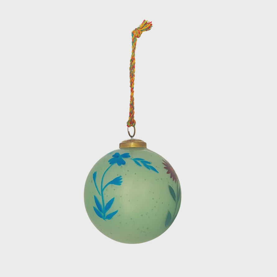 Hand-Painted Mercury Glass Ball Ornament with Flowers