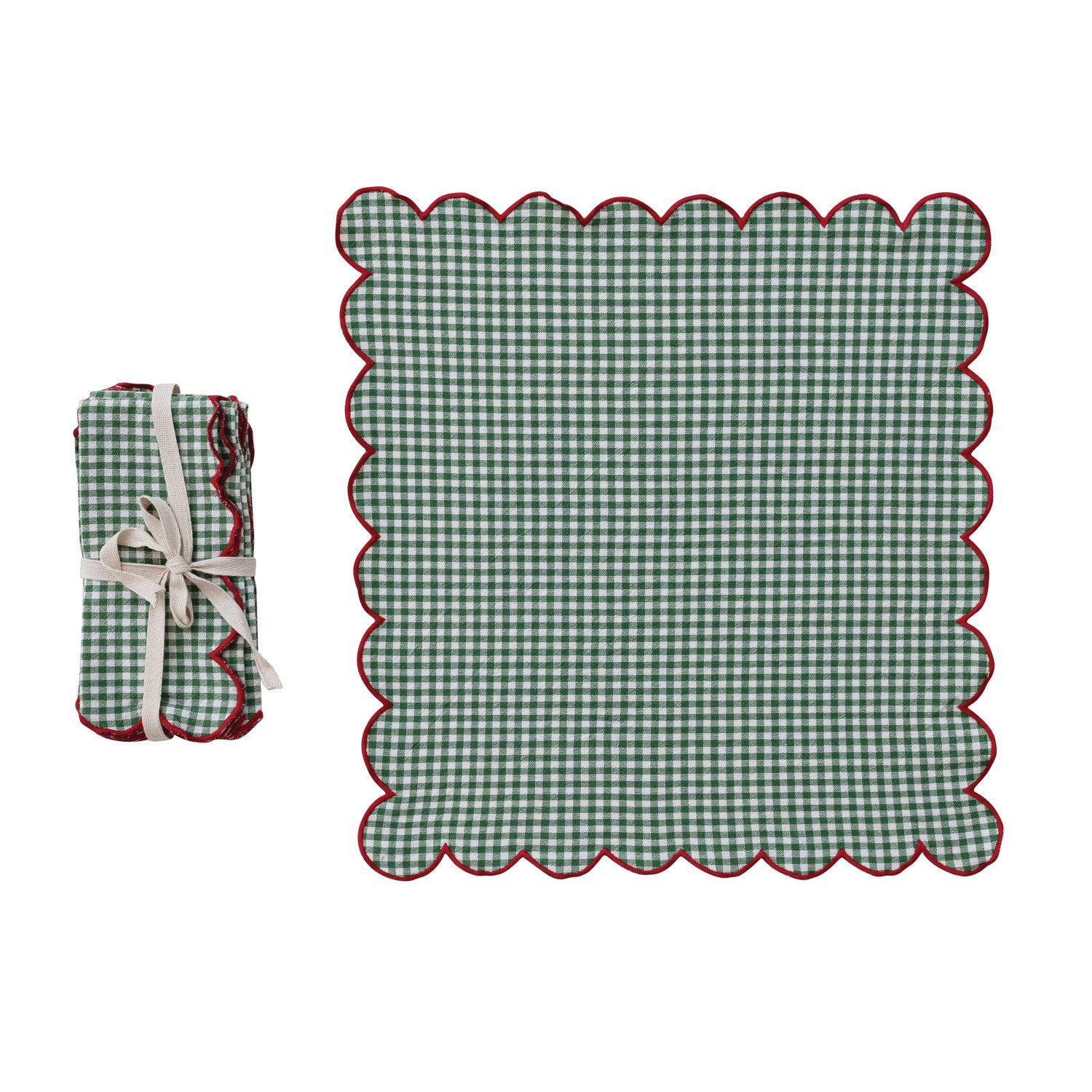 Green Gingham Cotton Napkins with Red Trim - Set of 4