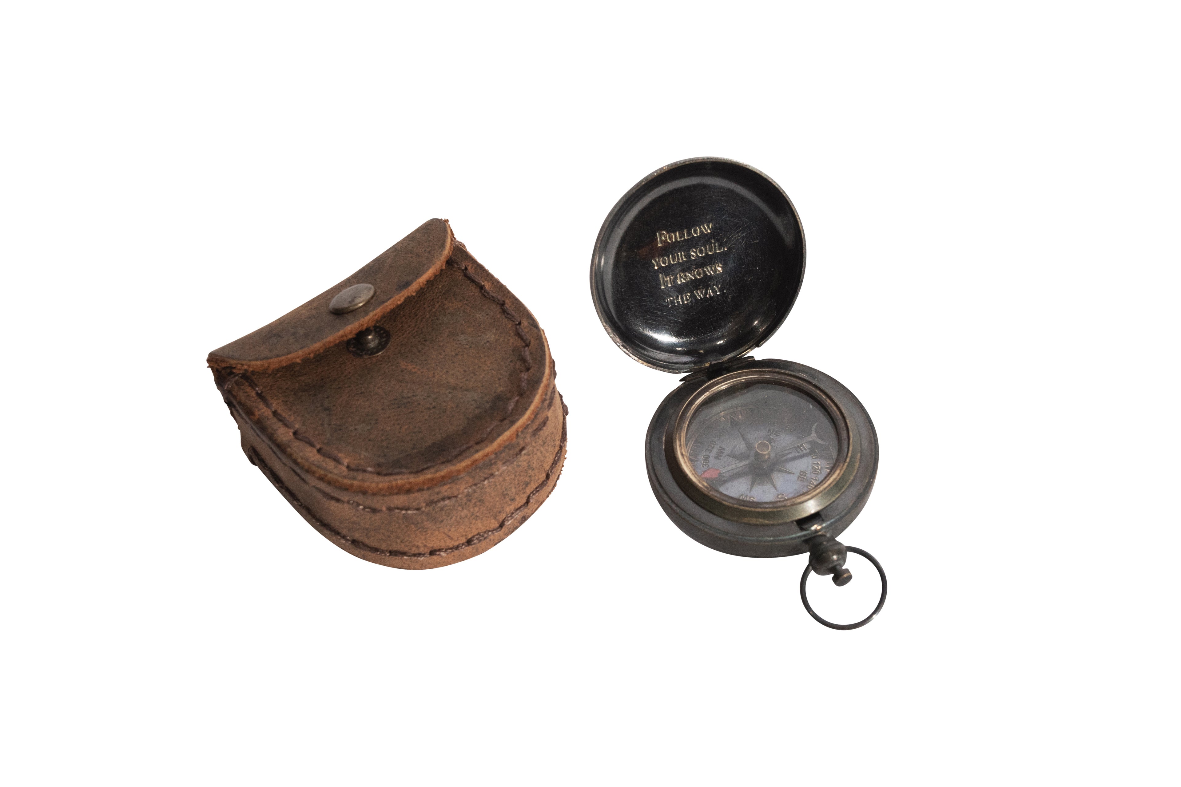 Follow Your Soul Push Button Compass with Leather Pouch