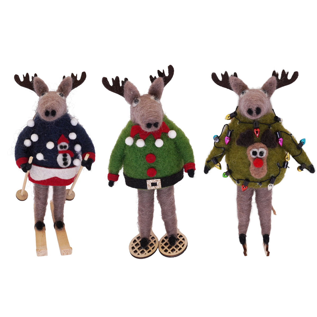 Felt Moose Ornament with Reindeer Sweater and Skates